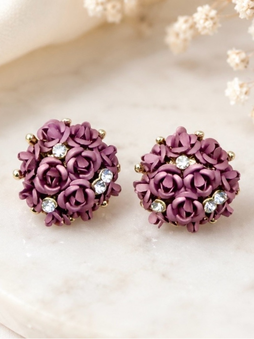 925 Sterling Silver Purple Rose Rhinestone Cluster Earrings Coquette NEW